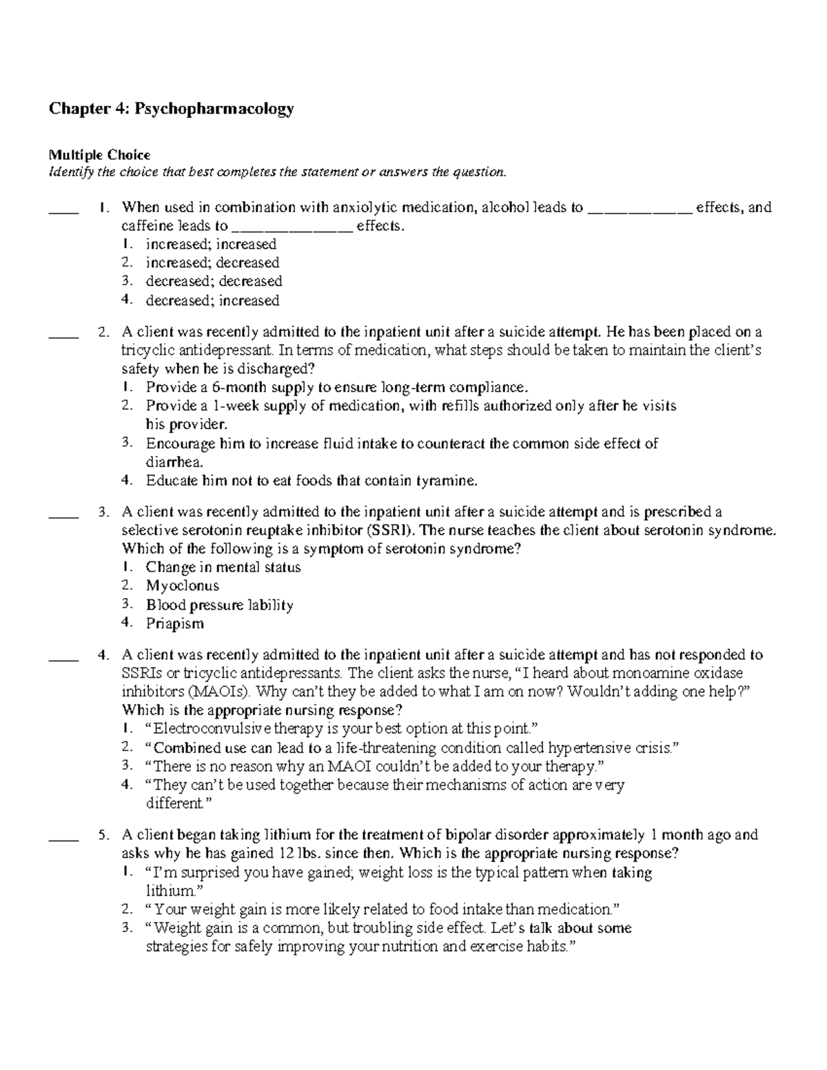 Psych 2022 Test Bank: Chapter 4 Psychopharmacology Review Questions ...