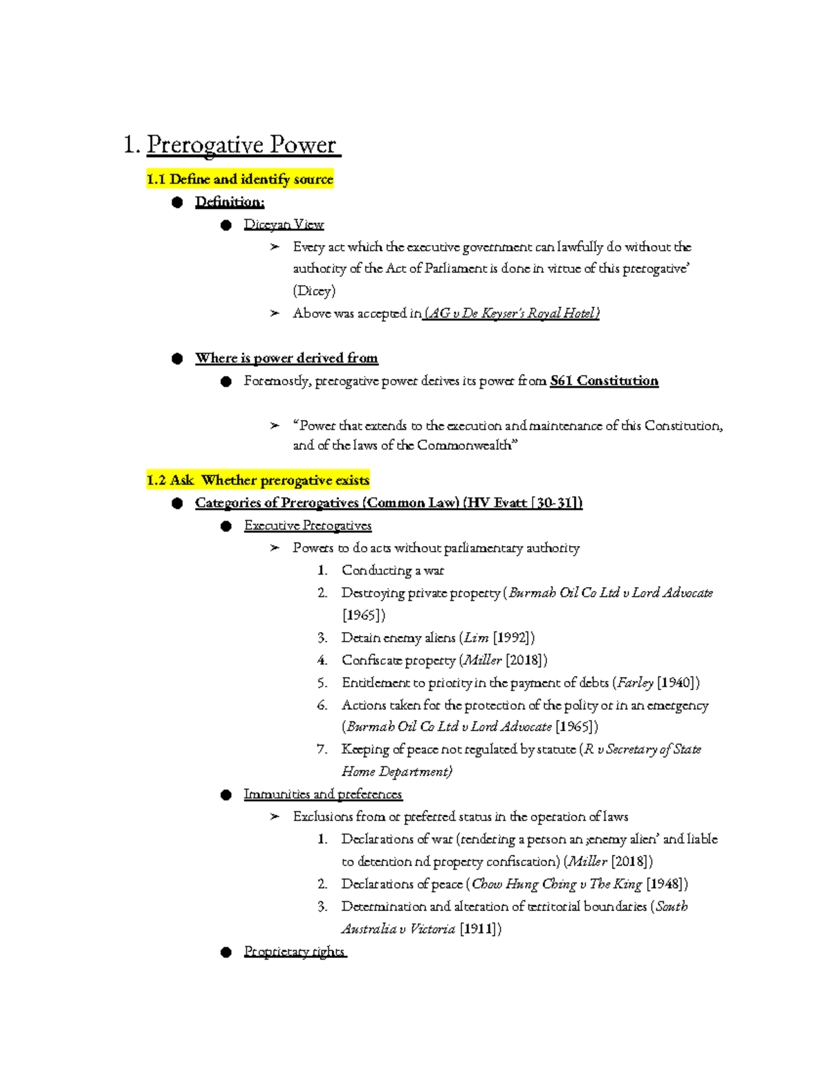 The Source and Scope of Executive Power - 1. Prerogative Power 1 Define ...