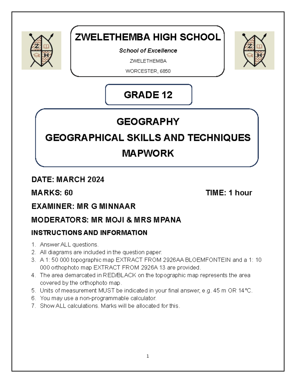 Grade 12 Geography Mapwork Exam - March 2024 (60 Marks) - Studocu