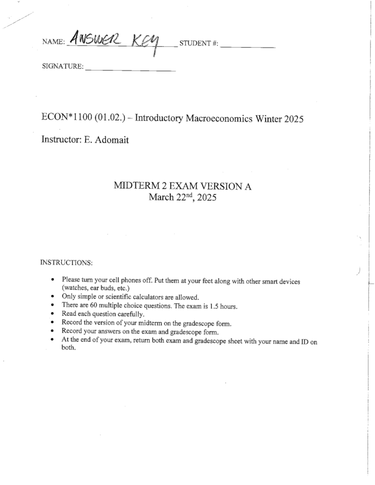ECON*1100 Midterm 2 Exam Answer Key - Winter 2025 - Studocu