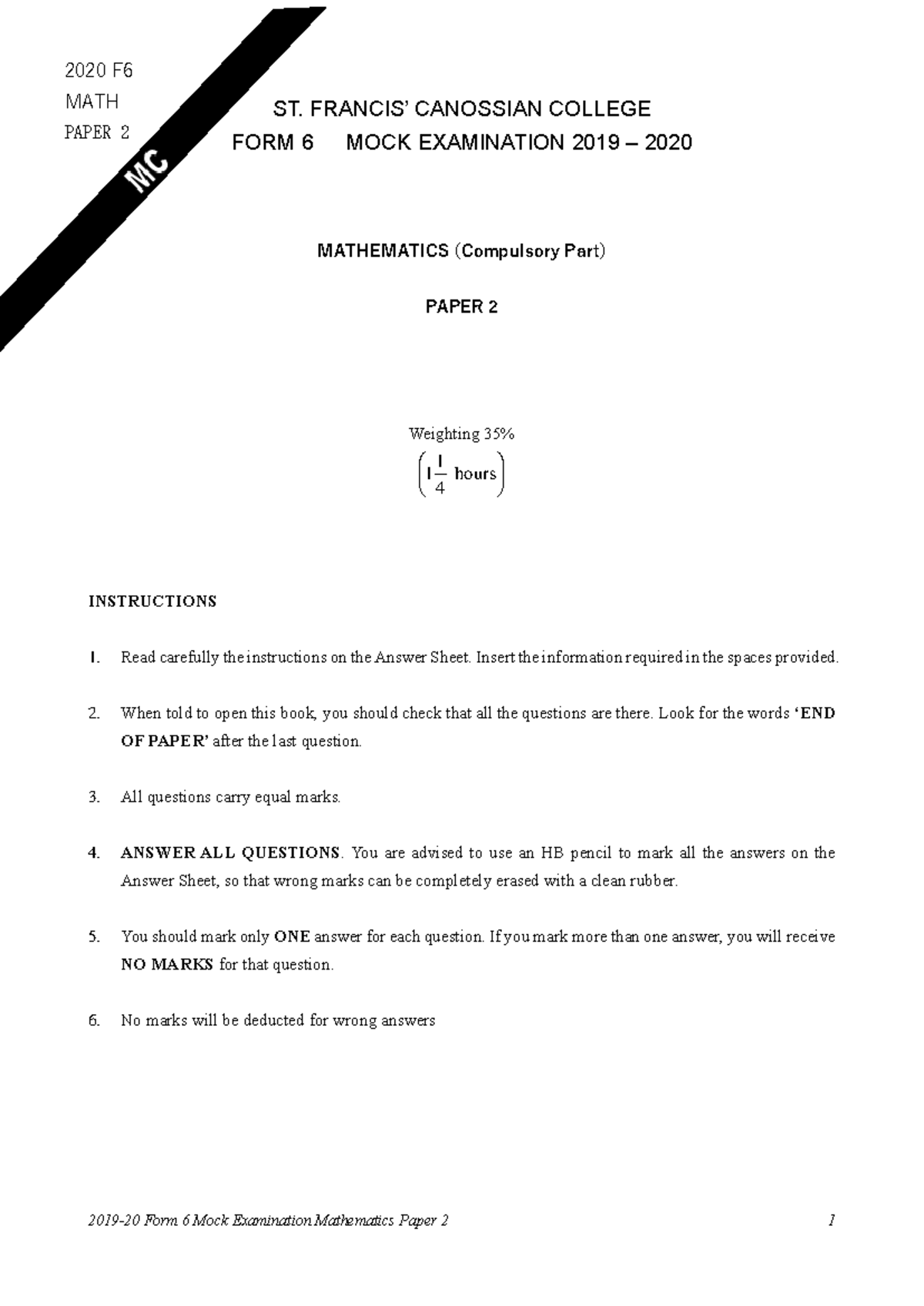2020 F6 Mathematics Mock Exam Paper 2 - St. Canossian College - Studocu