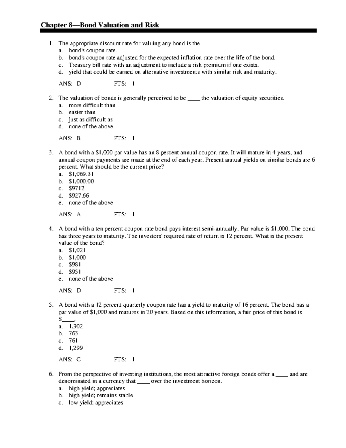 Chapter 8: Bond Valuation and Risk - Quiz Answers (400529015) - Studocu