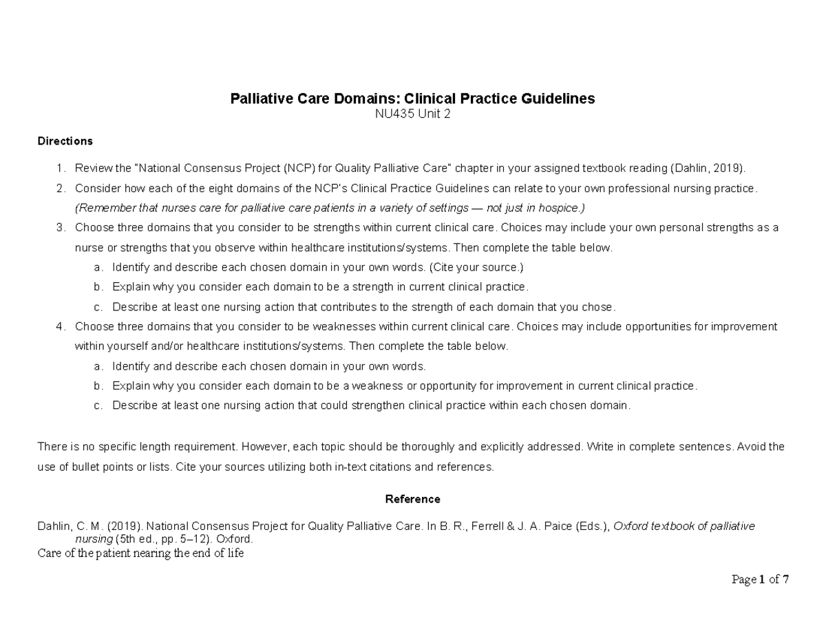 Hospice Unit 2 - Practice materials - Palliative Care Domains: Clinical ...