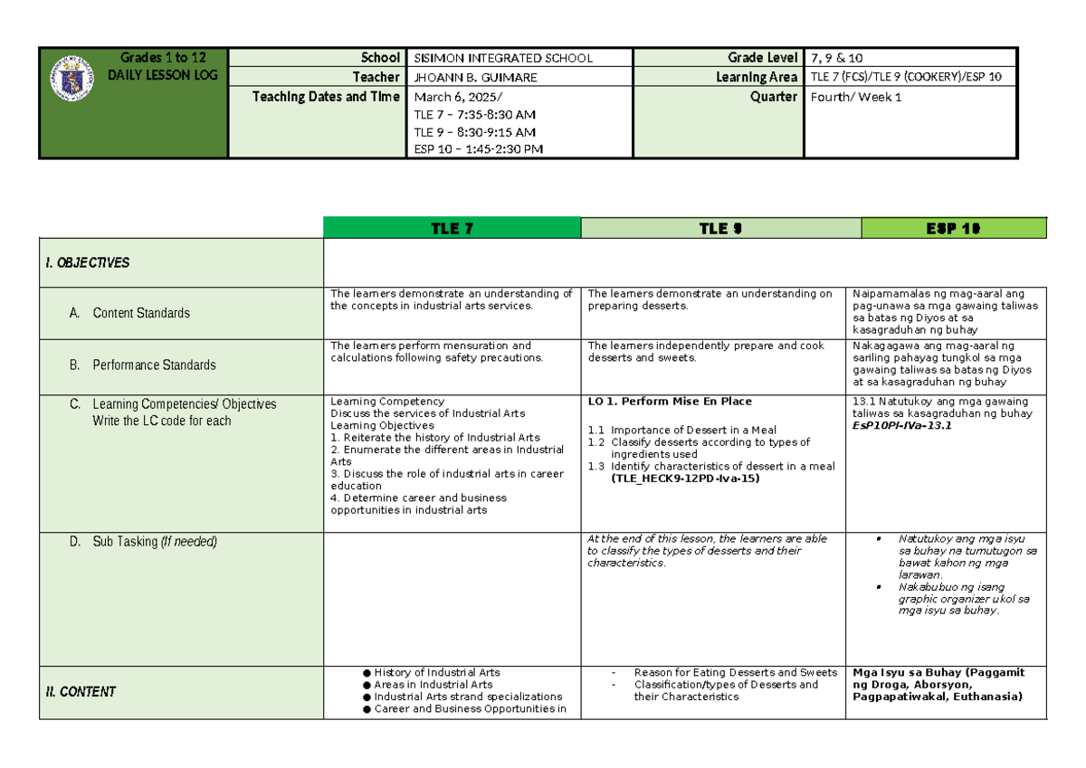 DLL Q4 (03-06-2025) - TLE 7, 9, 10 Lesson Log - Studocu