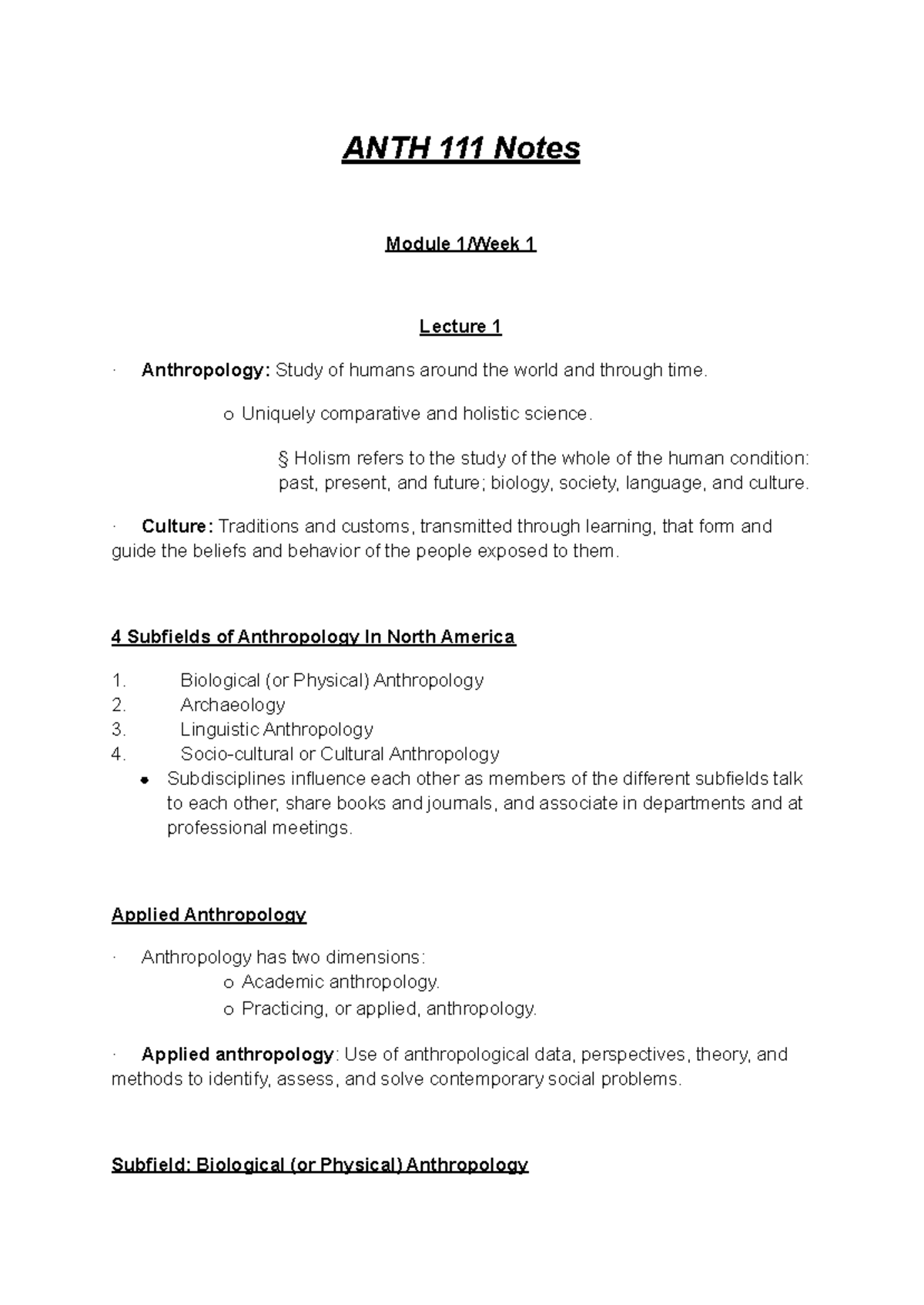 ANTH 111 - Comprehensive Notes on Modules 1 to 4 Lectures - Studocu