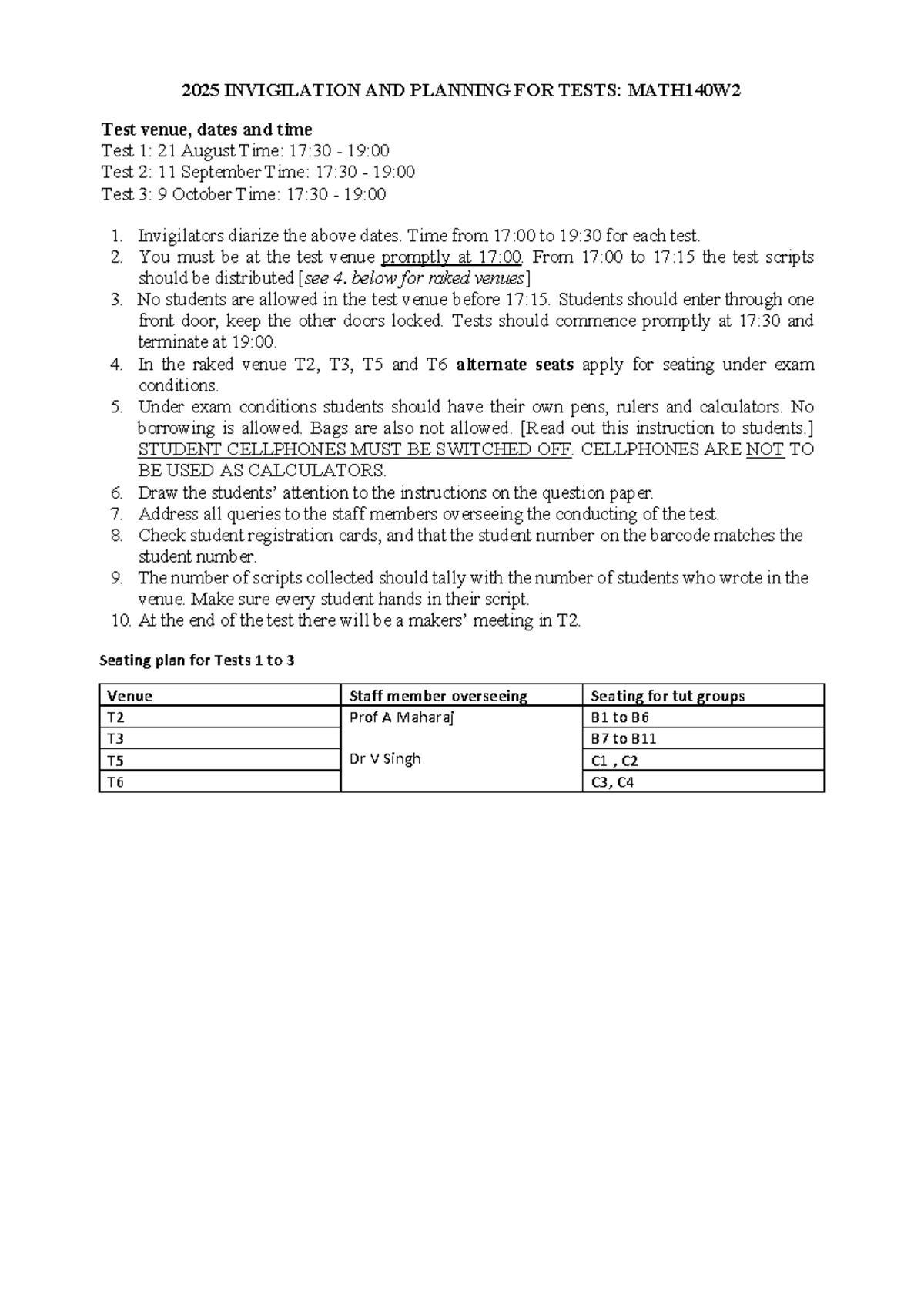 2025 MATH140W2 Test Invigilation & Planning Details - Studocu