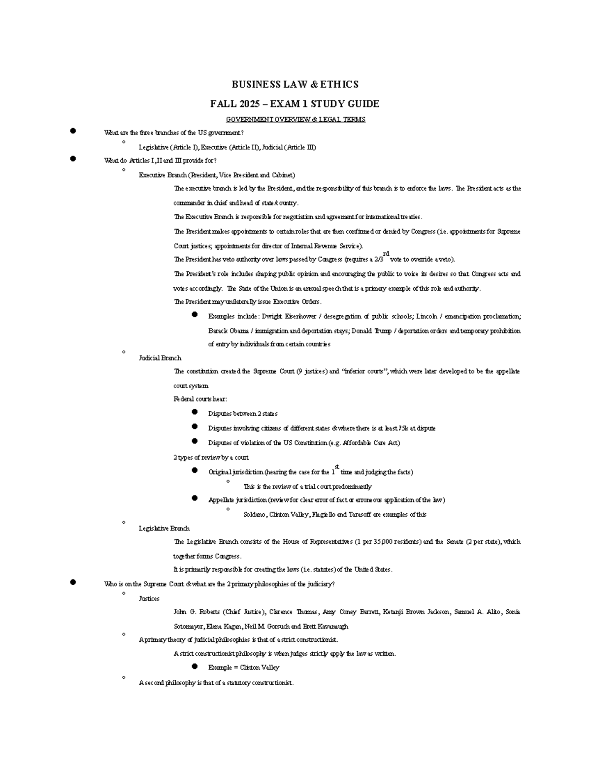 Business Law & Ethics Fall 2025 - Exam 1 Study Guide: Government ...