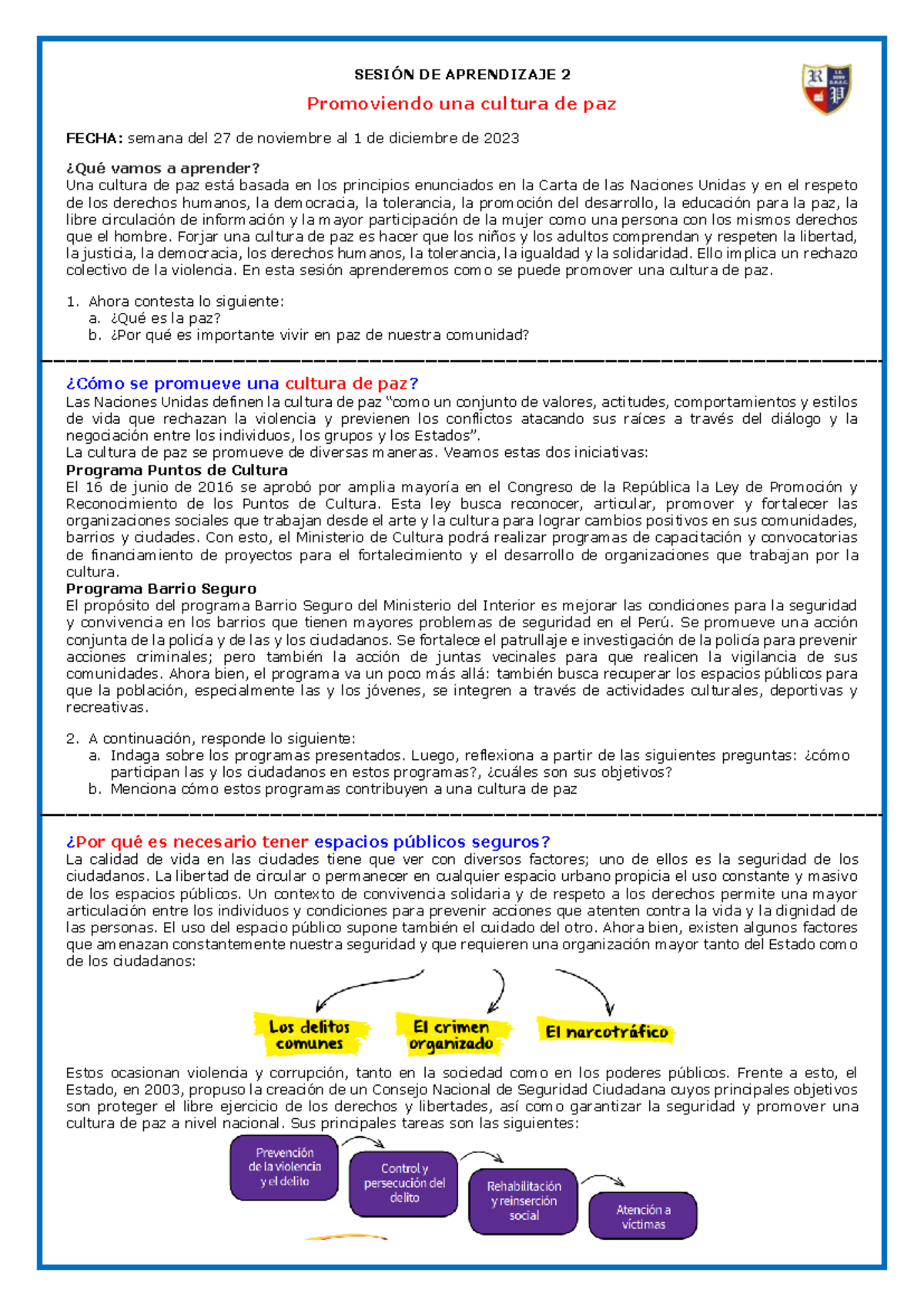 Promoviendo la Cultura de Paz - Sesión 2 - 4° Bimestre DPCC 2° - Studocu