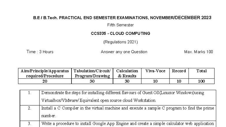 B.E B.Tech. CCS335 Cloud Computing Practical Exam Questions 2023 - Studocu