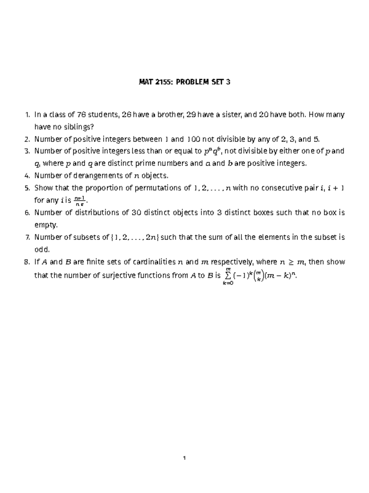 MAT 2155: Combinatorics Problem Set 3 Questions - Studocu