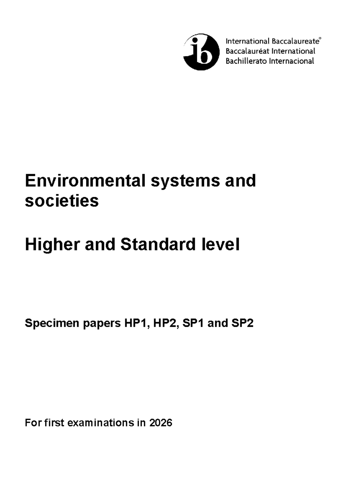 IB ESS 2026 Specimen Papers: HL & SL HP1, HP2, SP1, SP2 - Studocu