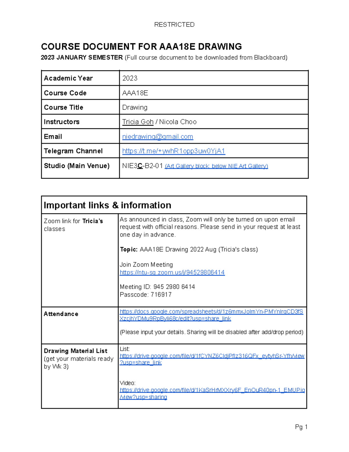 AAA18E Drawing Course Outline for January 2023 Semester - Studocu