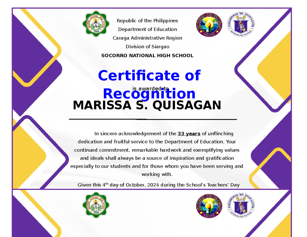 Certificate Of Recognition Template Deped Matatag