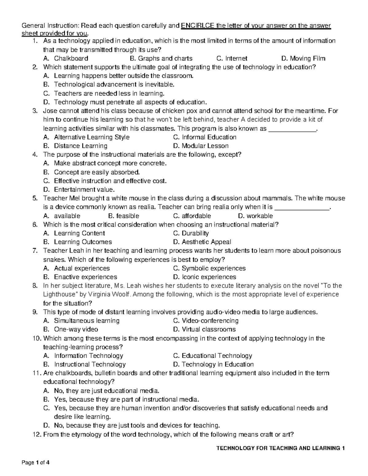 TTL1 Pre-Test: Technology for Teaching and Learning - Document Preview