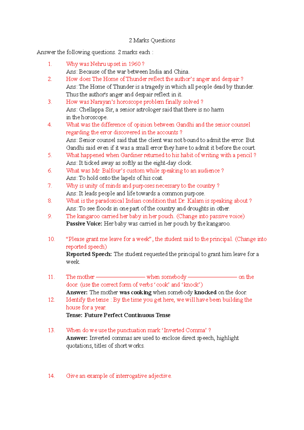 2 Marks Questions - Lecture Notes for Exam Preparation - Studocu