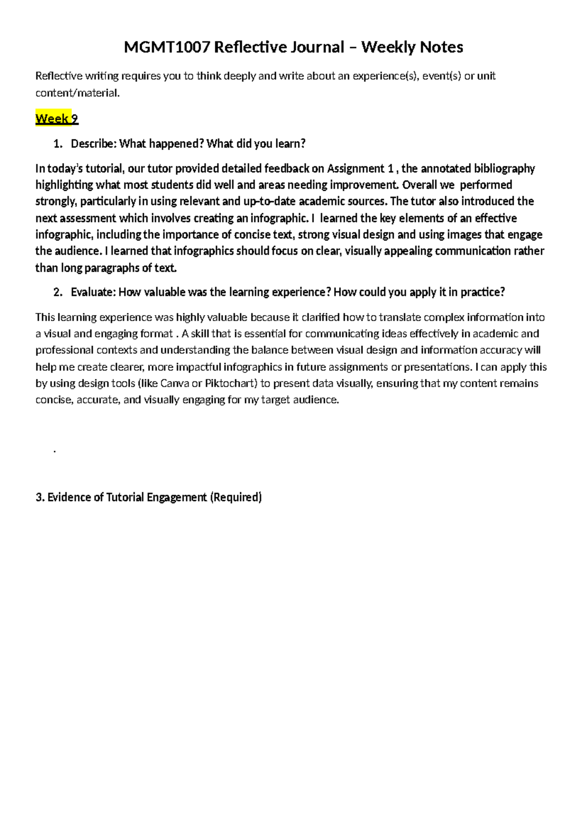MGMT1007 Week 9 Reflective Journal: Infographic Learning Insights - Studocu