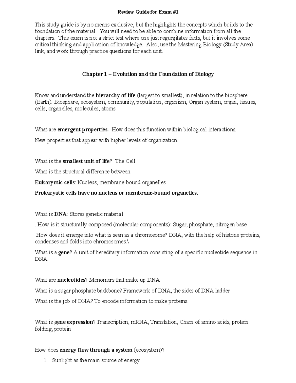 Exam 1 Review Guide (Chapters 1-5) for Biology 101 - Studocu