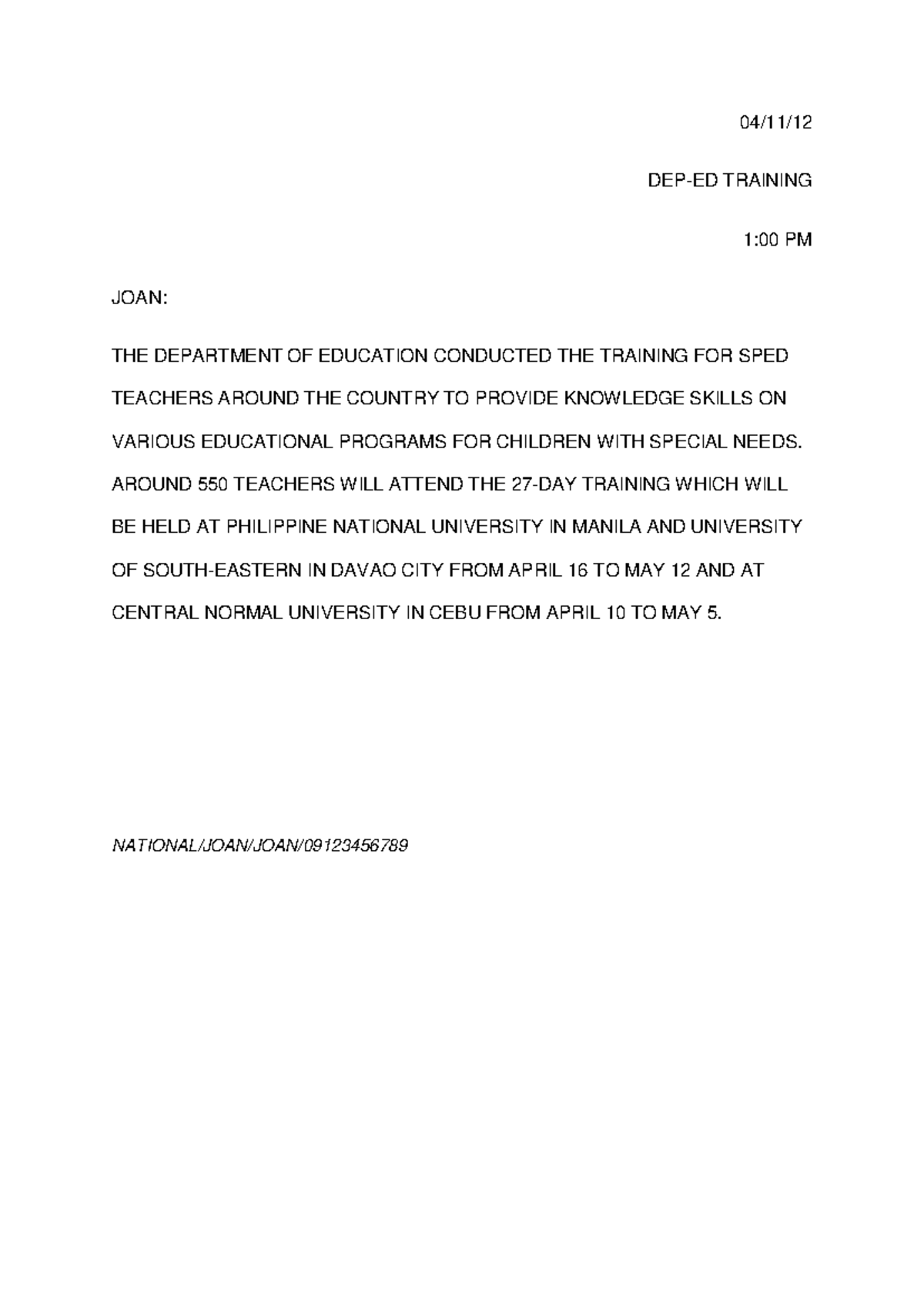 Individual Script - DEP-ED TRAINING 1:00 PM JOAN: THE DEPARTMENT OF ...