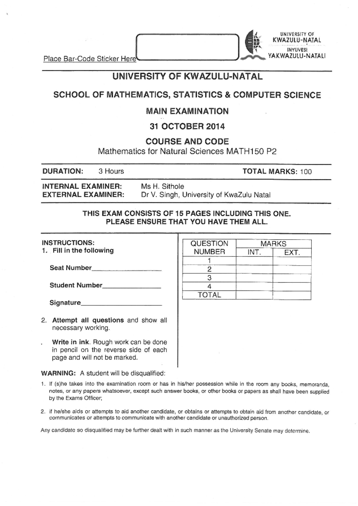 Exam 12 June 2014, questions - MATH150 - Studocu