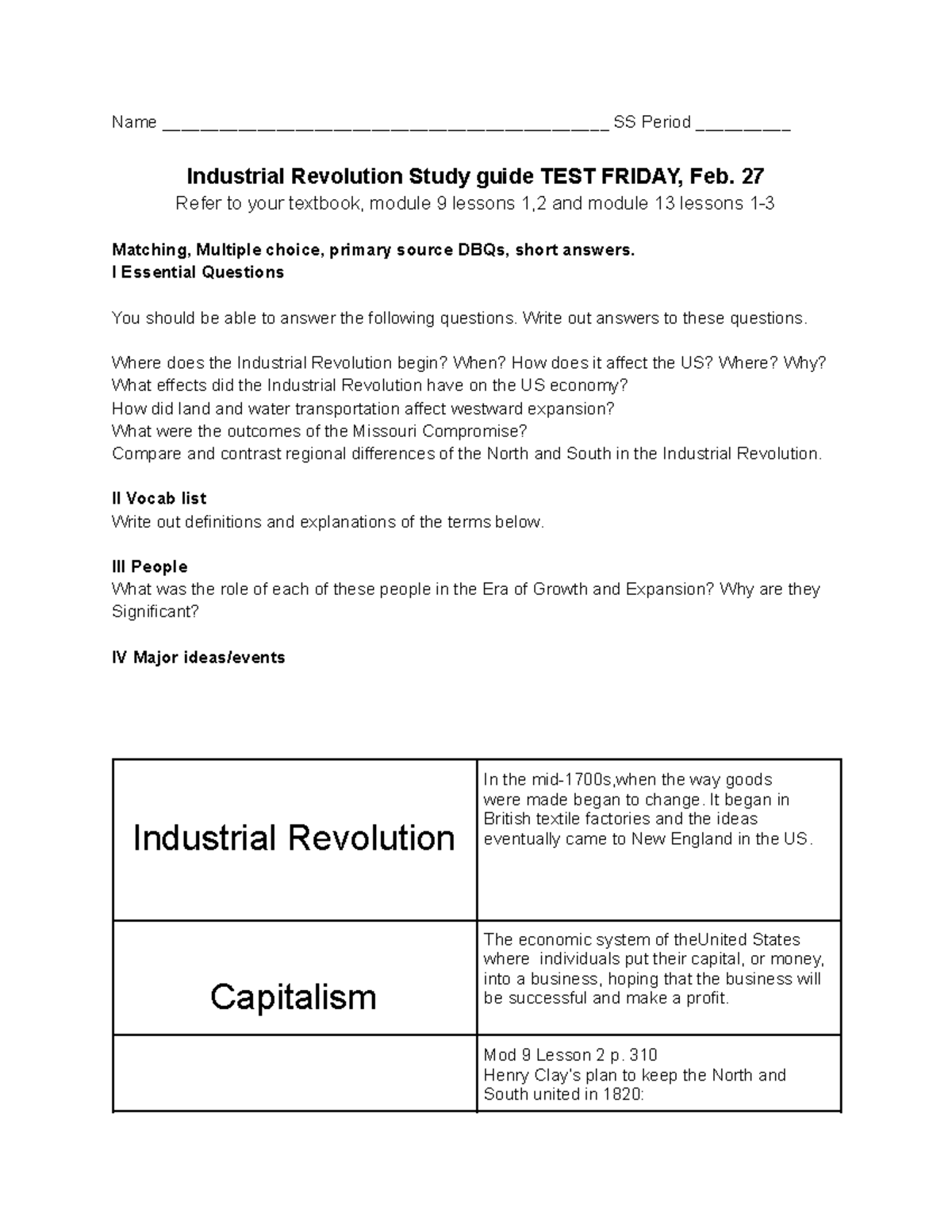 Industrial Revolution Study Guide (SS Period) - Test Prep for Feb 27 ...