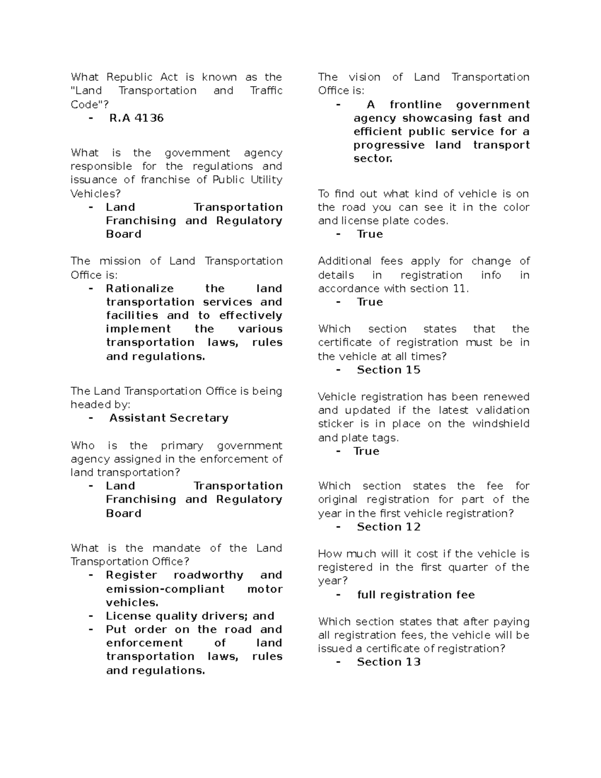 Driving Quizzes: Understanding R.A. 4136 and Traffic Regulations - Studocu