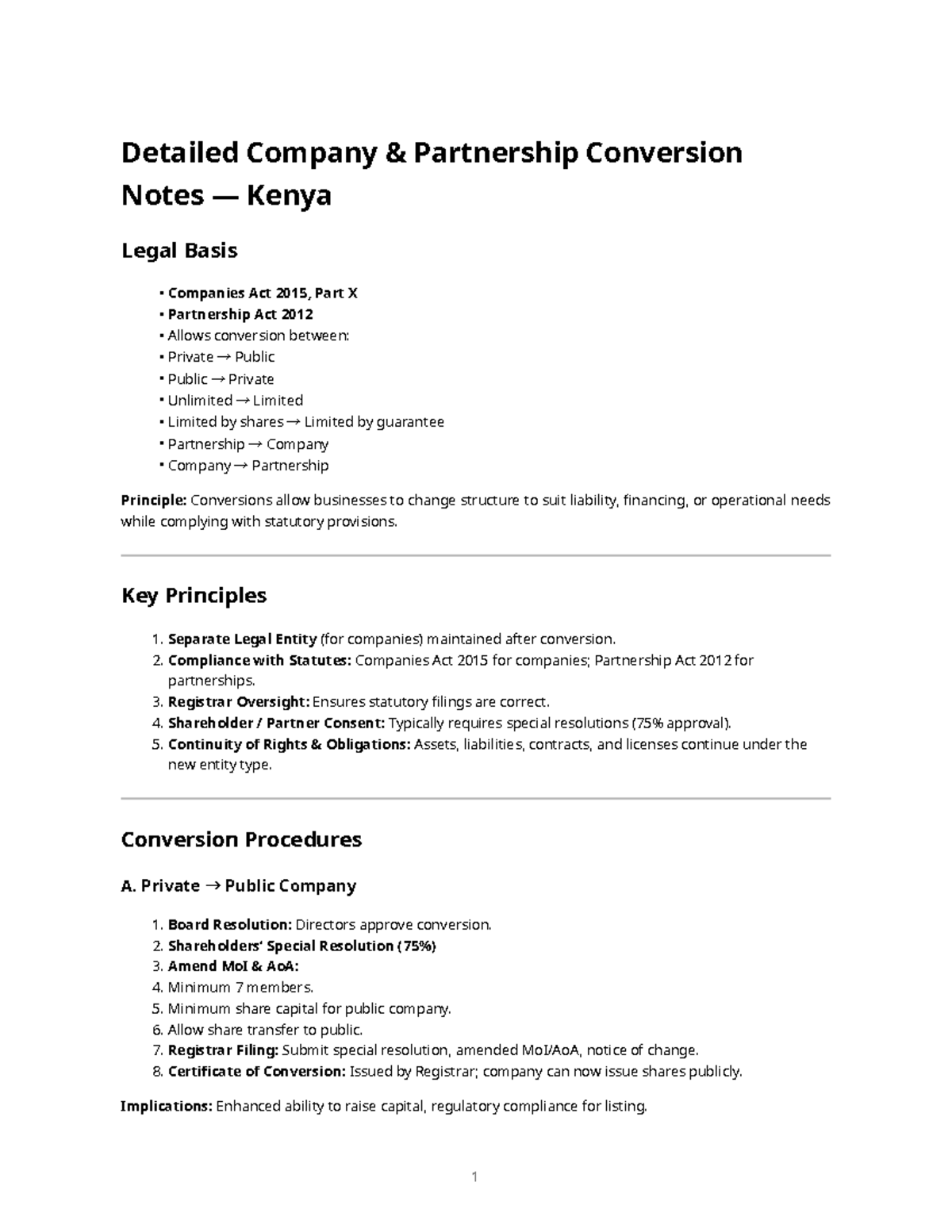 Company Conversion Notes: Legal Framework & Procedures in Kenya - Studocu