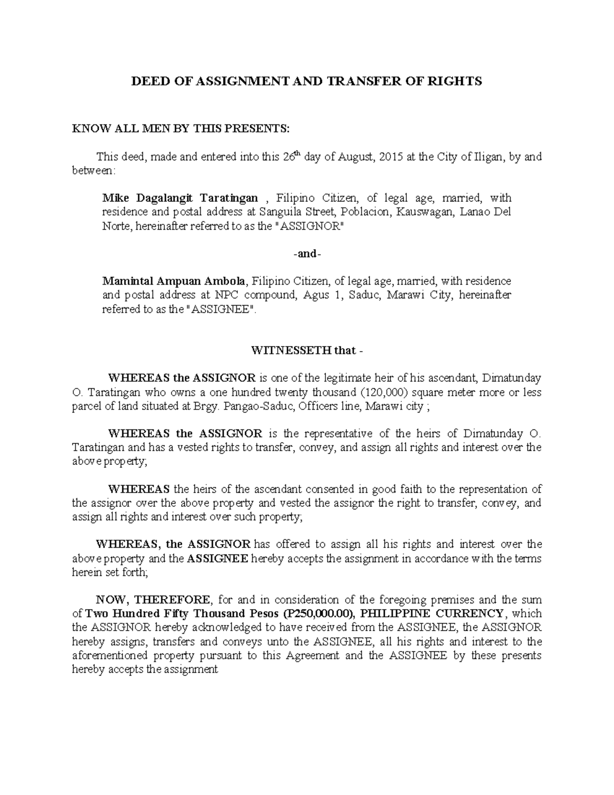Deed of Assignment Sample - 276488872 Property Rights Transfer - Studocu
