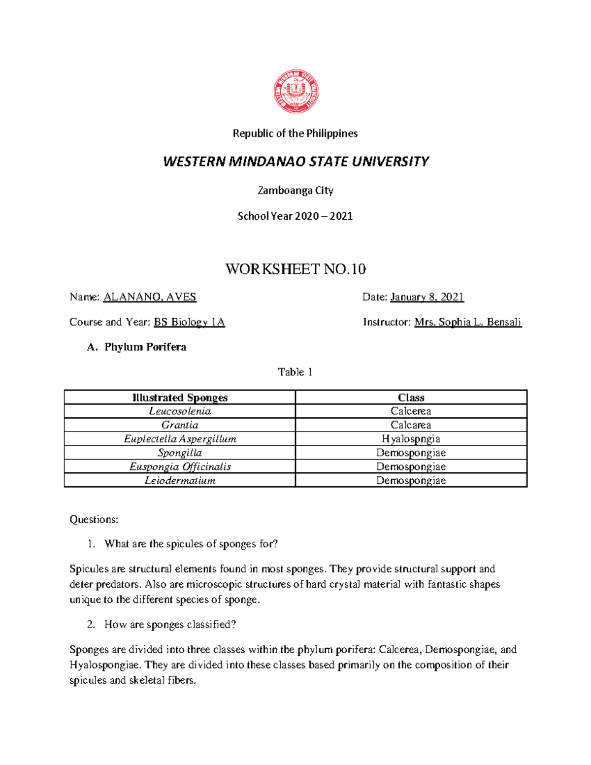 Lab Activity - Worksheet No. 10: Phylum Overview and Classifications ...