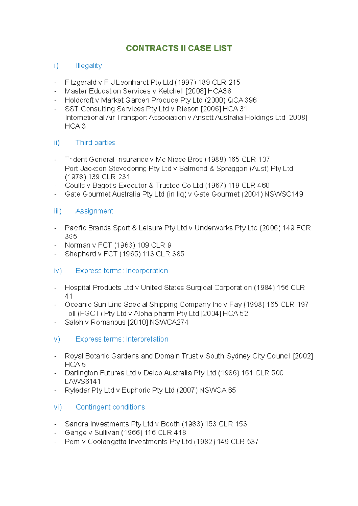 LAWS6141 Contracts II Case List: Key Cases and Principles - Studocu
