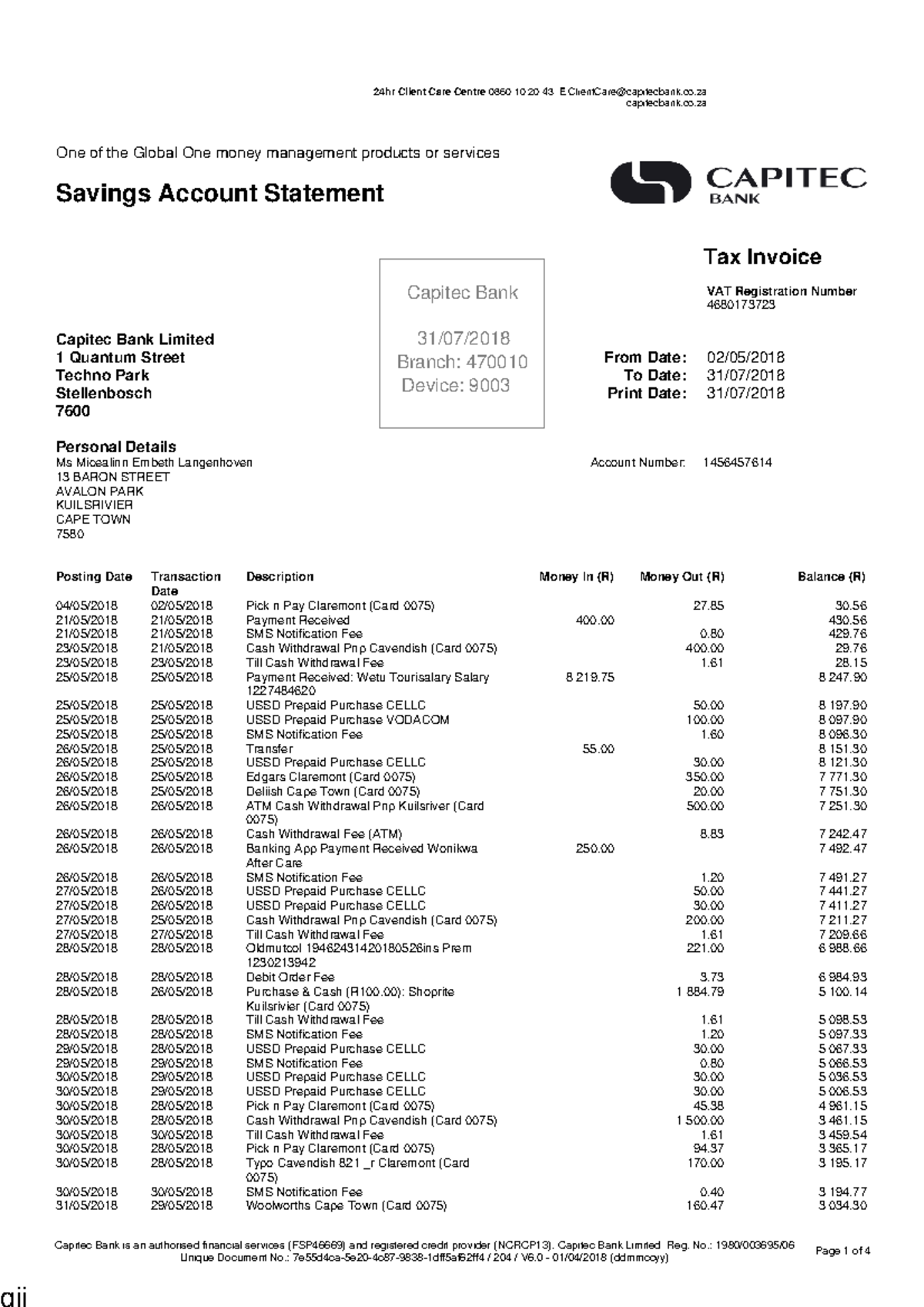 Capitec Bank Savings Account Statement - 31/07/2018 - Studocu