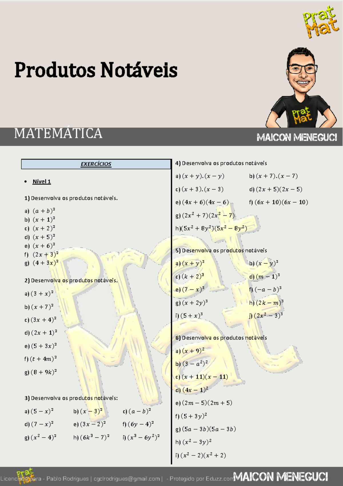 Exercícios de Produtos Notáveis - MATEMÁTICA - Lista Completa - Studocu