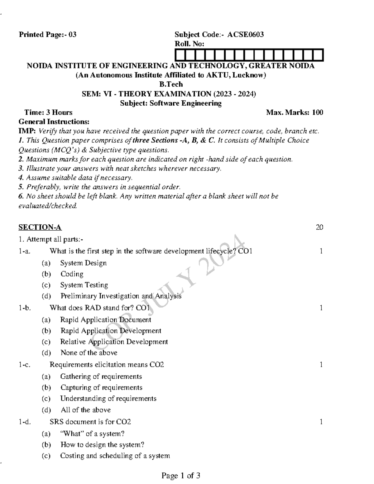 ACSE0603 - Software Engineering Theory Exam Question Paper (2023-24 ...