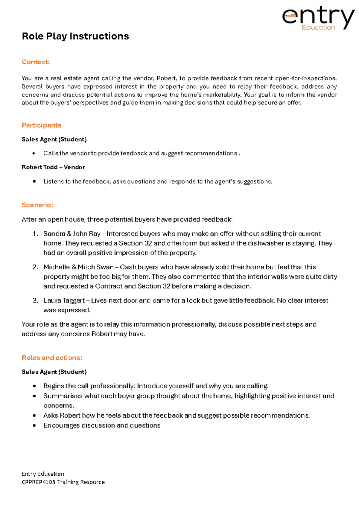 CPPREP4105 - Role Play Instructions: Real Estate Buyer Feedback - Studocu