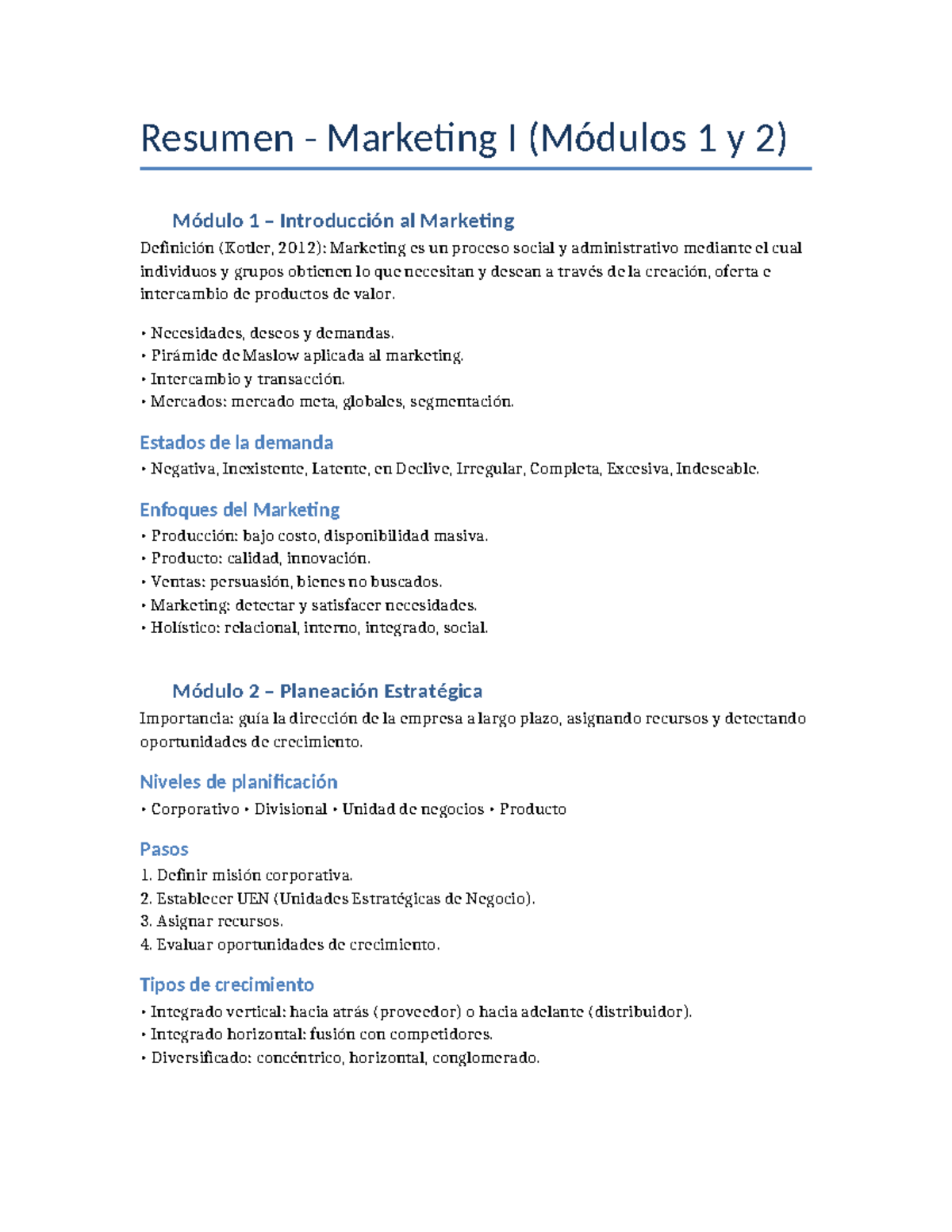 Resumen de Marketing I: Módulos 1 y 2 - Introducción y Planeación ...