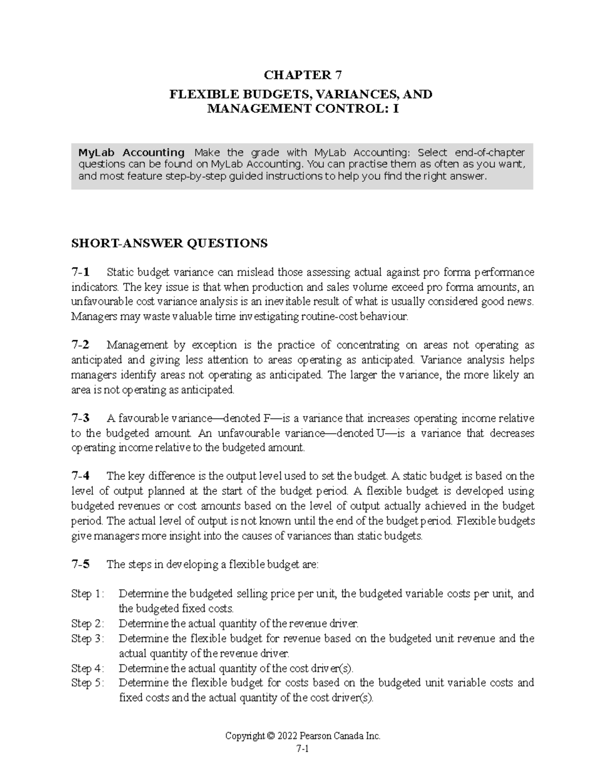 Chapter 7 - Flexible Budgets, Variance Analysis, and Management Control ...