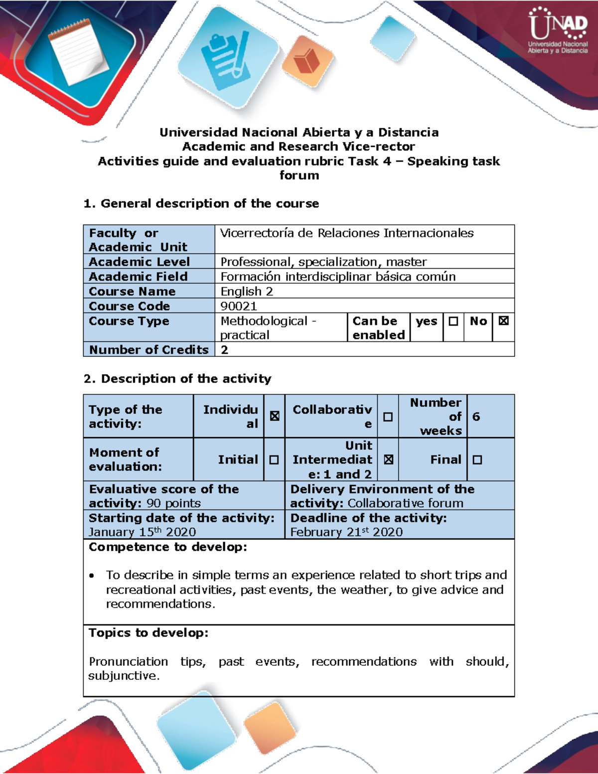 Activities Guide and Evaluation Rubric for English 2 Speaking Task ...