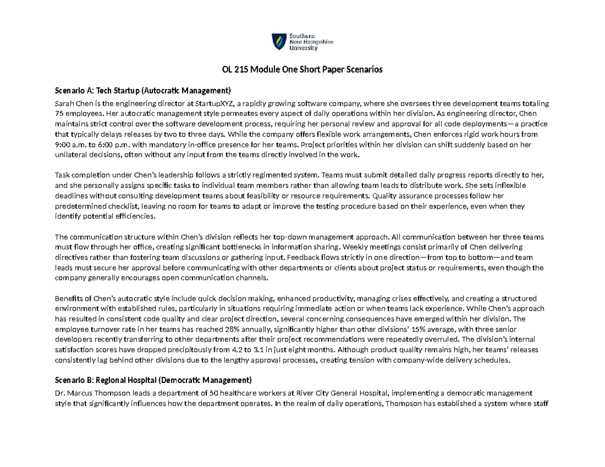 OL 215 Module One Short Paper: Management Style Scenarios - Studocu