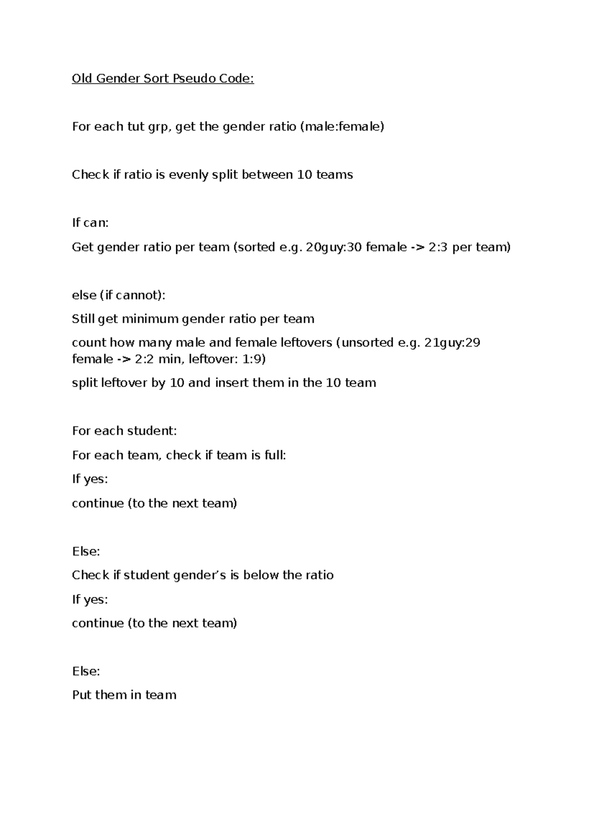Gender Sort Pseudo Code - 20guy:30 female -> 2:3 per team) else (if ...