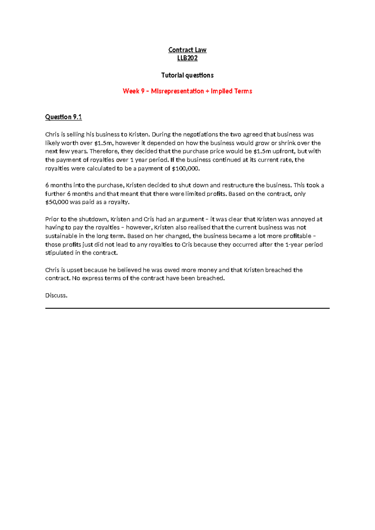 LLB202 Week 9 Tutorial Questions on Misrepresentation & Implied Terms ...