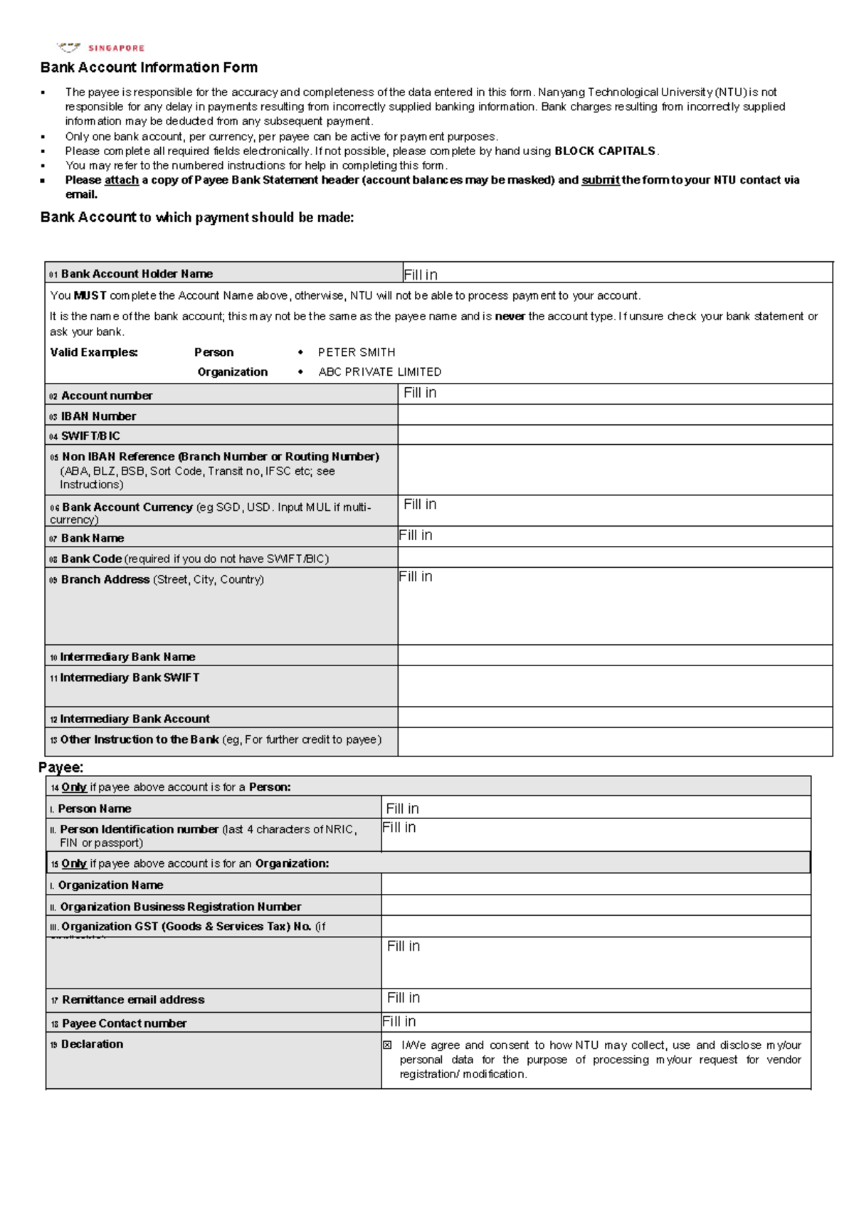 Bank Account Information Form - NTU Vendor Registration Guide - Studocu