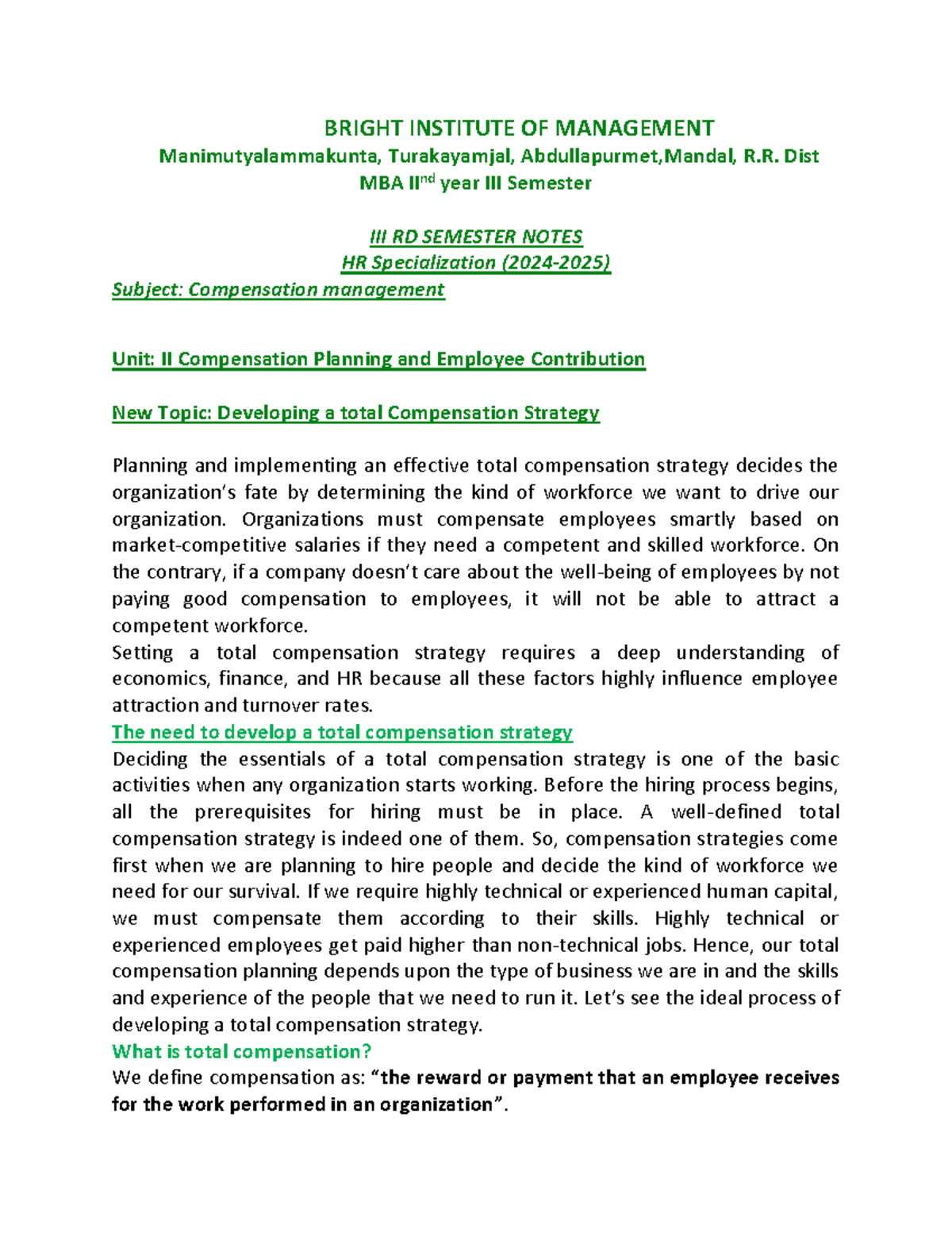 MBA II Year SEM II Notes: Compensation Management & Payroll Systems ...