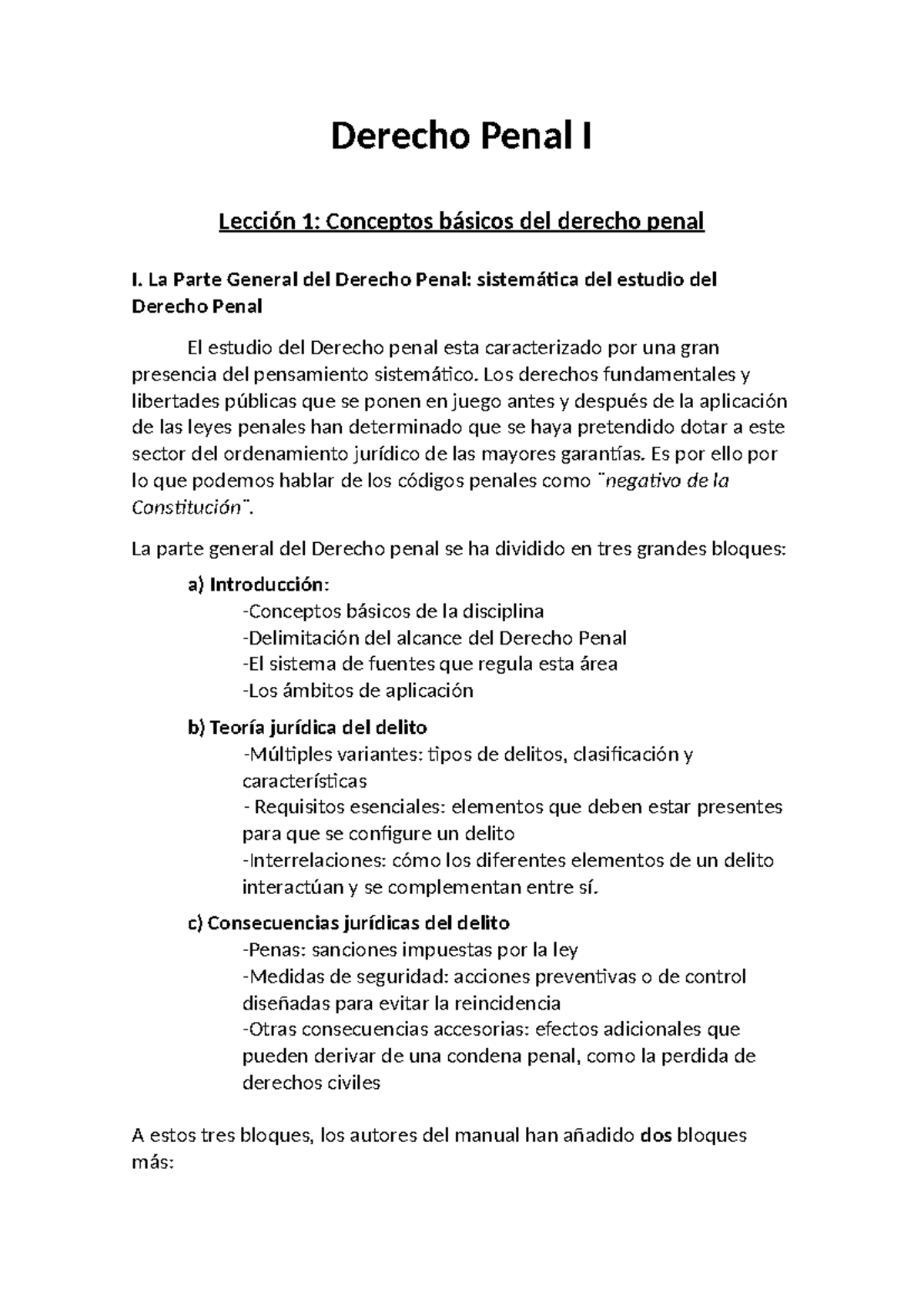 Derecho Penal I: Lección 1 - Conceptos Básicos y Parte General - Studocu