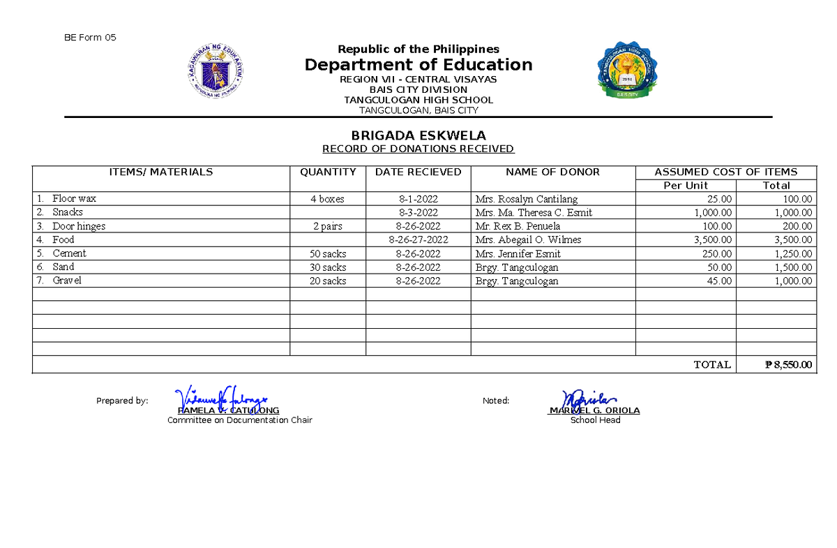BE Form 05: Record of Donations Received for Brigada Eskwela - Studocu