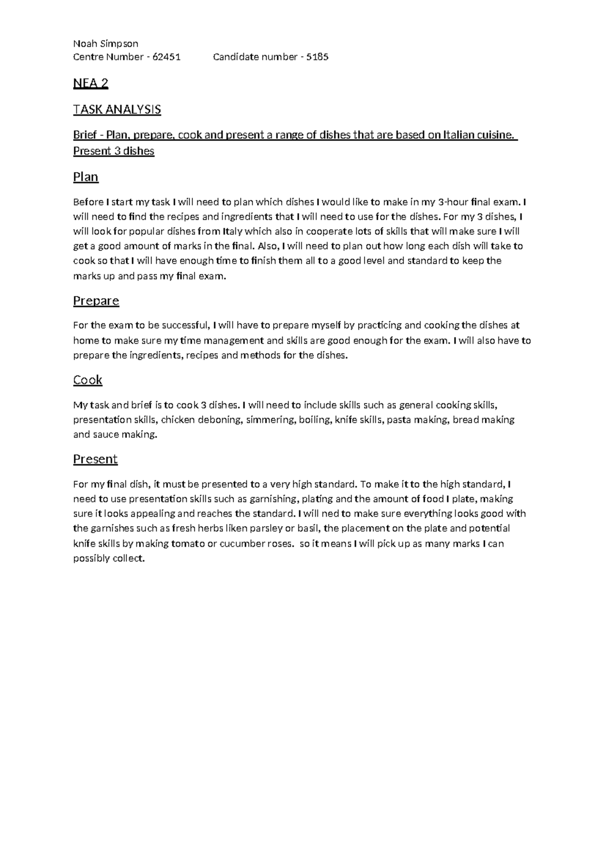 NEA 2 Task Analysis: Italian Cuisine Dish Preparation and Evaluation ...