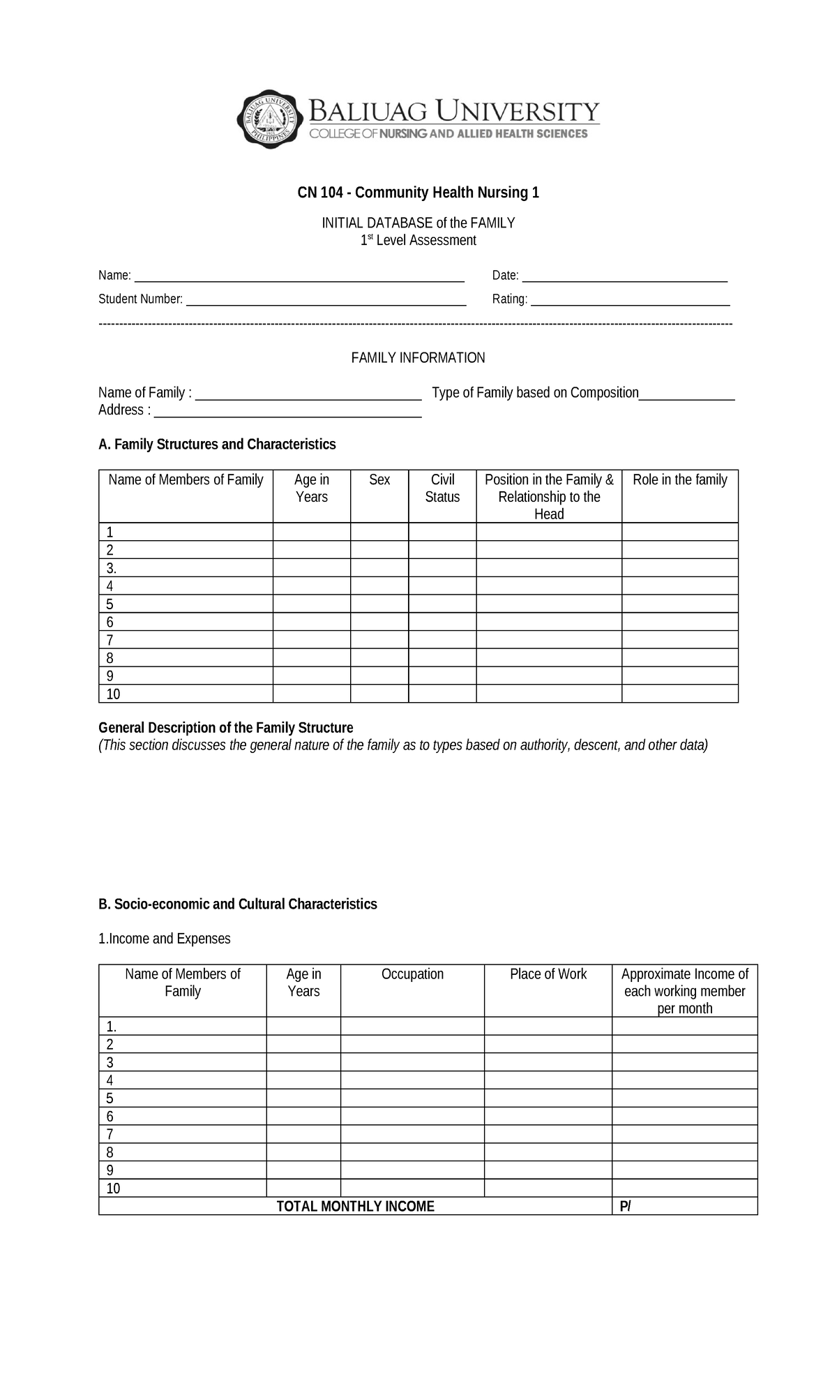CN 104 Community Health Nursing 1: Family Initial Database Assessment ...