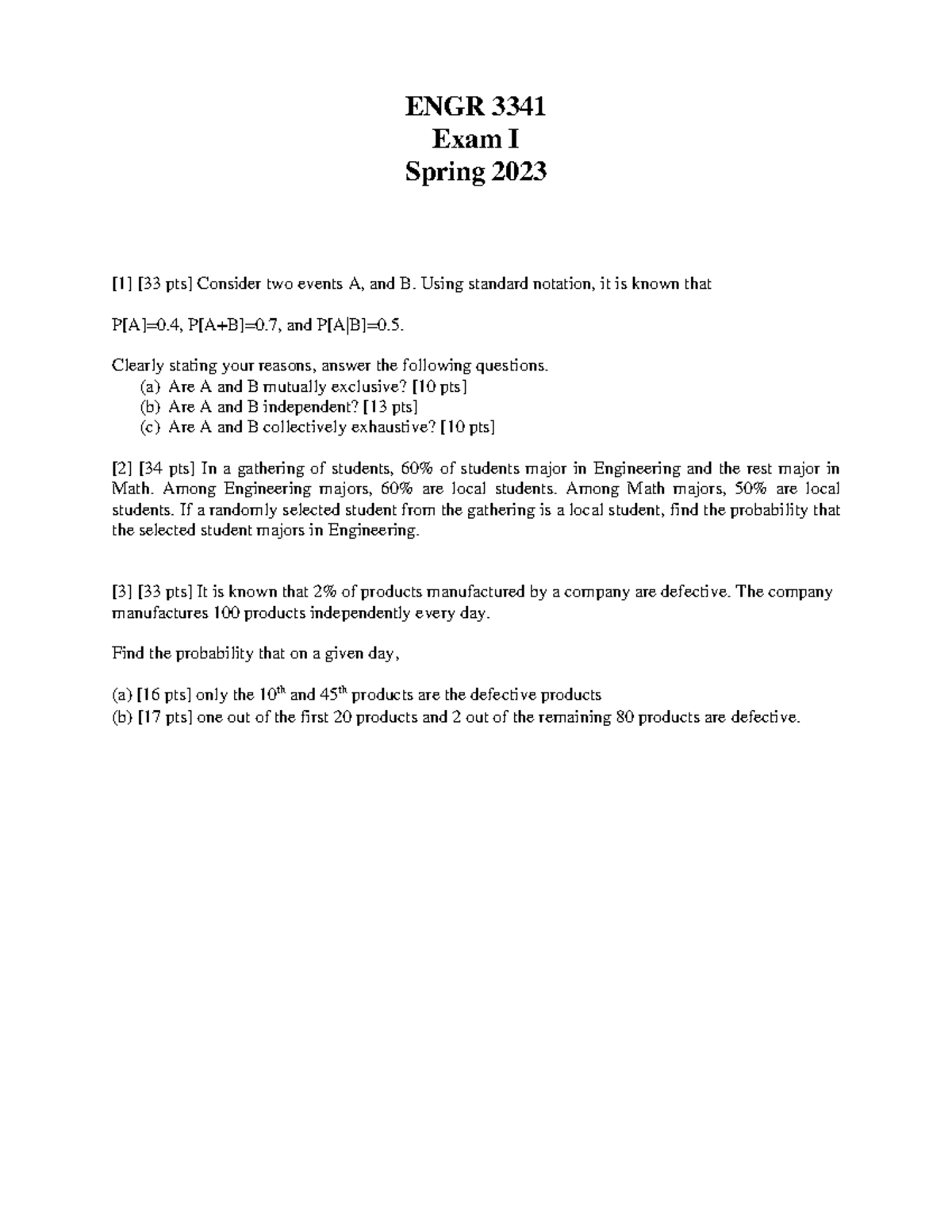 ENGR 3341 - Exam I Solutions & Probability Concepts (Spring 2023) - Studocu