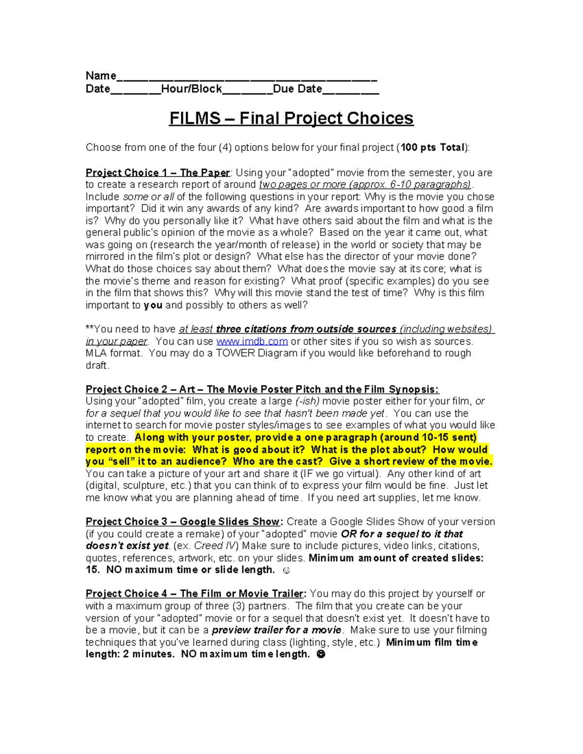 FILMS 101 - Final Project Ideas for 2023-24 Academic Year - Studocu