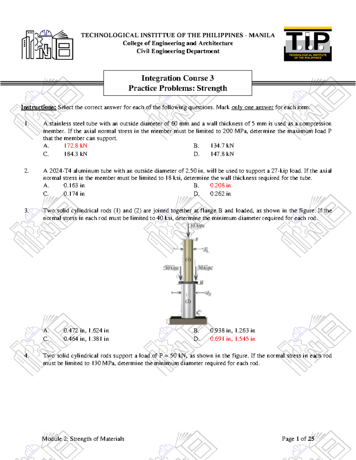 Integration Course 3 Practice Problems: Strength of Materials - Studocu