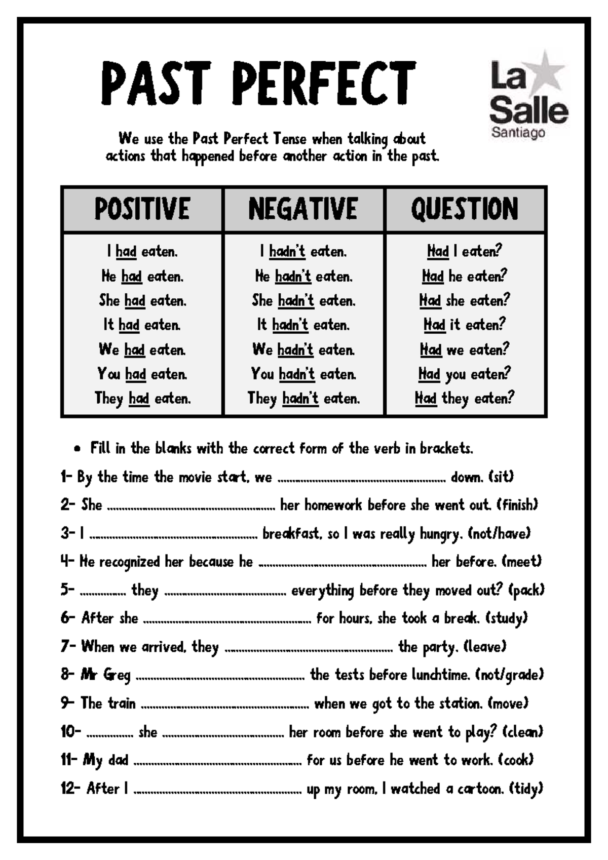 Past Perfect Tense Grammar Practice Worksheet - Studocu