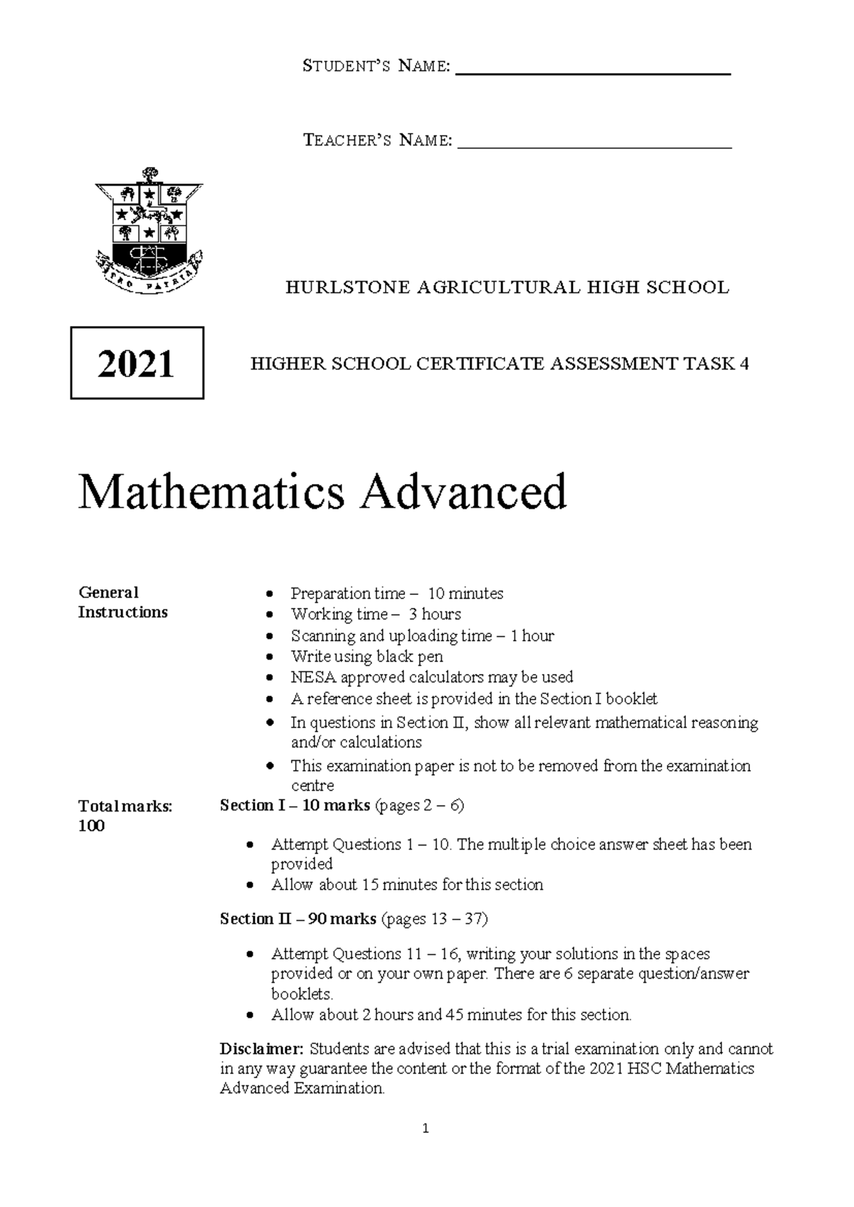 2021 HSC Mathematics Advanced Trial Exam - Hurlstone Agricultural High ...